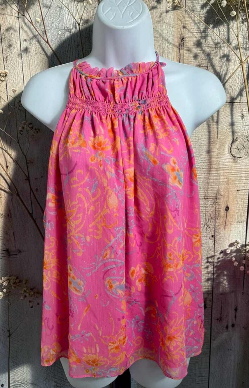 Ramy Brook Harli Pink Floral Blouse Sz M Sleeveless Halter Top Smocked Lined